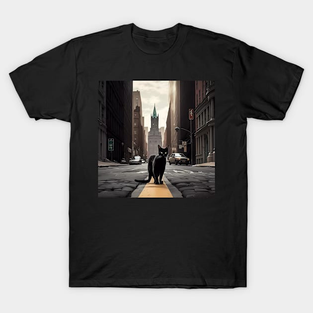 Digital art, Black Cat walking down a street in the city Sticker T-Shirt by MeatLuvers